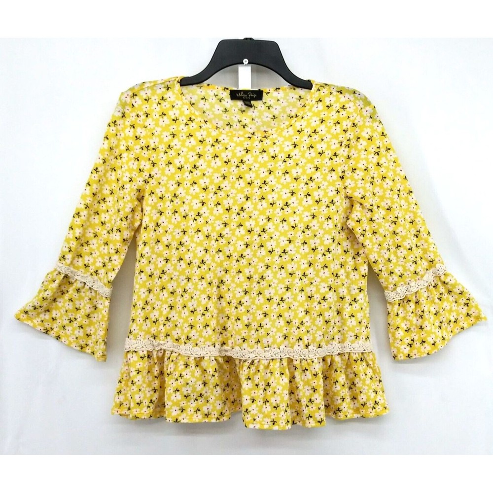 Melissa Paige Womens Small Petite Yellow Floral Bell Sleeve Blouse